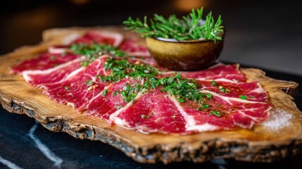 Sliced meat on a wooden board
