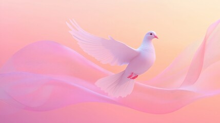 Fototapeta premium White dove gracefully soaring through pastel colored background with flowing fabric