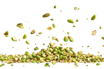 Pistachio Pieces Falling Nutty Snack Ingredient isolated on a Transparent Background