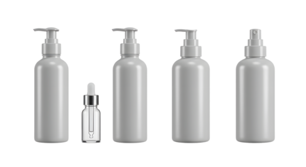 A collection of various-sized gray cosmetic bottles arranged in a row, showcasing different designs for potential product use