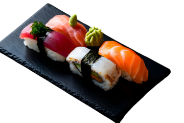Savor delicious fresh salmon tuna and white fish sushi with vibrant wasabi and seaweed expertly plated.