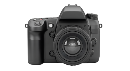A sleek black digital slr camera with a prominent lens is displayed against a transparent background