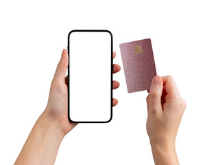 Use of mobile finance. Woman holding credit card and smartphone screen, online payment app,