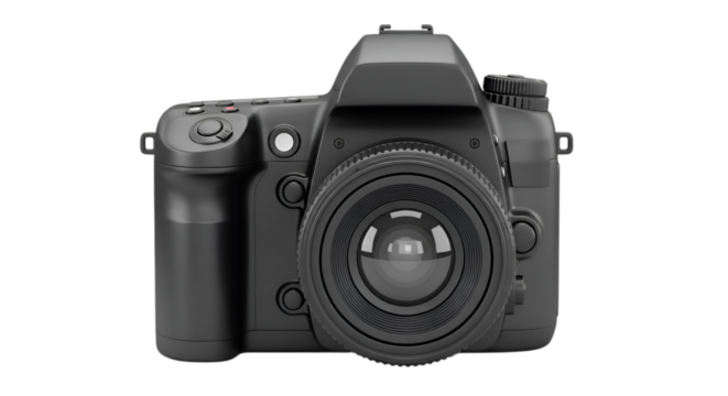 A sleek black digital slr camera with a prominent lens is displayed against a transparent background - Powered by Adobe
