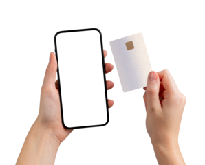 Advertising display with phone and card. User holding gadget, application screen for online finance,