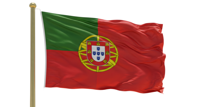 Vibrant flag of Portugal waving in the breeze, set against a clear blue sky, symbolizing national pride and heritage