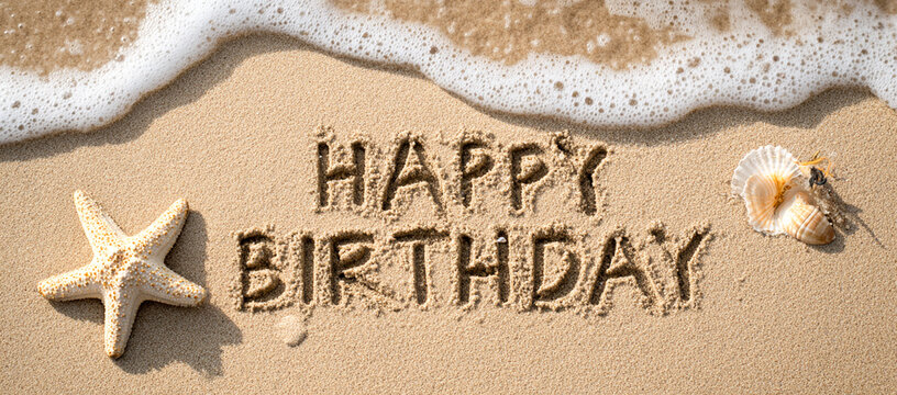 Happy Birthday Message Drawn in Beach Sand with Gentle Sea Foam and a Starfish Accent – Great for Calm Celebration Graphics or Backgrounds