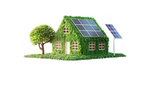 Eco friendly green house with solar panels and a tree isolated on transparent background - Powered by Adobe