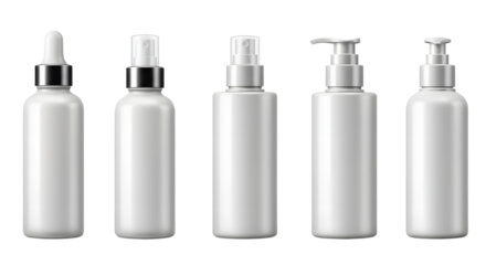 Collection of sleek, modern cosmetic bottles in various shapes and sizes arranged on a clean surface, ideal for beauty product marketing