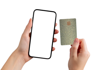 Gadget for finance. Female user holding credit card and smartphone with blank screen, payment app,