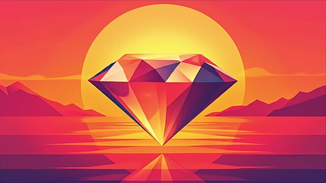 A faceted gem over water, beneath a sunset with mountains