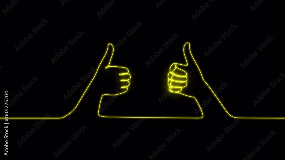 Poster video. neon thumbs in one continuous line. a symbol of good. a positive gesture showing a pretty sig