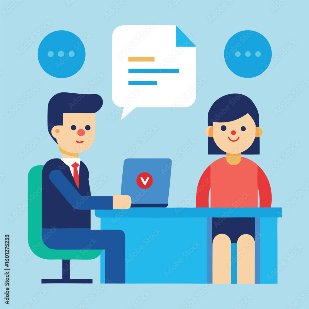 Aufkleber flat illustration of a job interview scene with a candidate and interviewer isolated on white backgr
