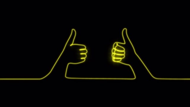 Video. Neon thumbs in one continuous line. A symbol of good. A positive gesture showing a pretty sign in one line style. Animation on a black background 4K.