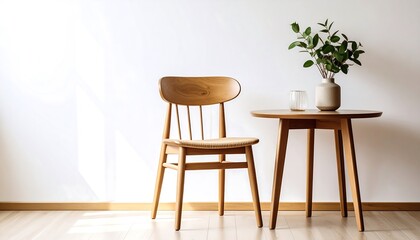 Simple wooden chair and table in a bright room
