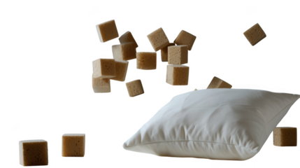A soft white pillow with small wooden blocks scattered around it isolated on transparent background