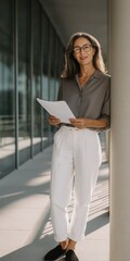 Confident mature caucasian female professional holding documents outdoors