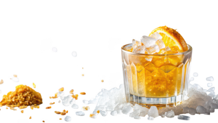 Golden tequila shot with ice and orange garnish isolated on transparent background