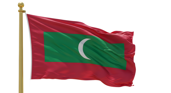 Vibrant flag of the Maldives waving in the breeze, symbolizing national pride against a clear blue sky backdrop