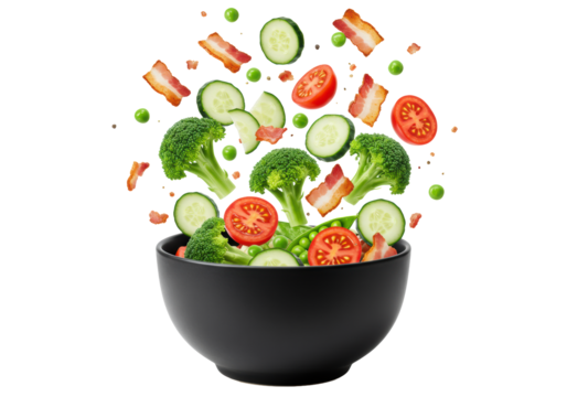 A precisely centered, matte black ceramic bowl with vibrant fresh salad ingredients (broccoli, cucumber, peas, cherry tomatoes, bacon bits) exploding outwards, frozen in mid-air, against a transparent