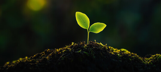 Young Plant Seedling Growing from Black Soil on Blurred Nature Background Banner