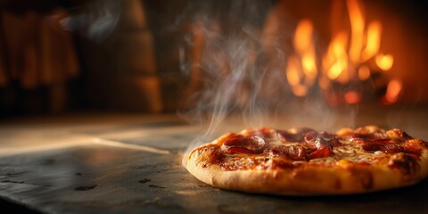 Close-up of a pizza baking in a wood-fired oven, surrounded by open flames and rising steam. Authentic Italian cooking atmosphere, rustic textures, glowing firelight, and smoky ambiance. Ideal for foo