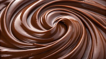 Naklejka premium Smooth rich chocolate swirl with glossy texture flowing slowly, creating luscious and indulgent visual perfect for dessert or confectionery themes