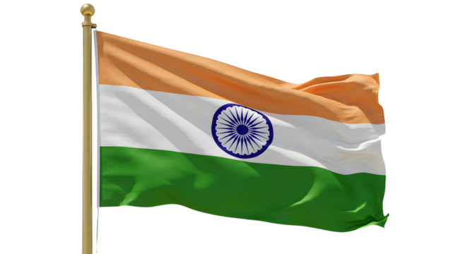 Vibrant Indian flag waving in the wind, symbolizing national pride, with a clear blue sky in the background
