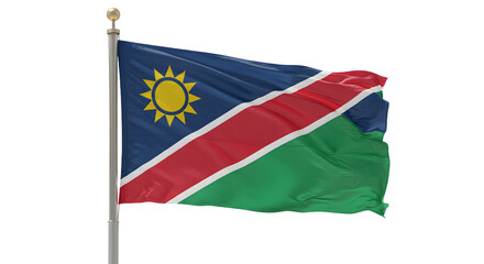 Fototapeta premium Vibrant Namibian flag waving proudly against a clear blue sky, symbolizing national pride and unity in the background