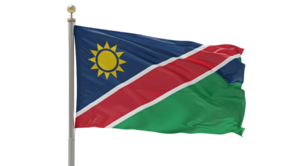 Vibrant Namibian flag waving proudly against a clear blue sky, symbolizing national pride and unity in the background