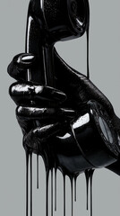 Hyper-realistic movie poster: glossy black vintage phone melting in hand, dripping black liquid