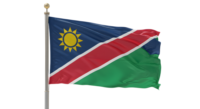 Vibrant Namibian flag waving proudly against a clear blue sky, symbolizing national pride and unity in the background