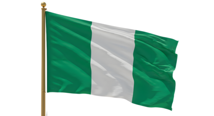 Vibrant Nigerian flag waving against a clear blue sky, symbolizing national pride and unity in a festive atmosphere