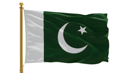Vibrant Pakistani flag waving against a clear blue sky, symbolizing national pride and unity in a serene outdoor setting