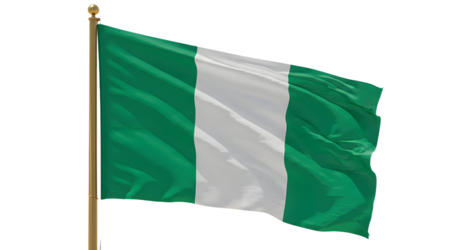 Vibrant Nigerian flag waving against a clear blue sky, symbolizing national pride and unity in a festive atmosphere - Powered by Adobe