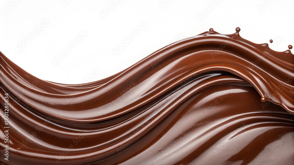 Poster smooth and glossy chocolate wave flows diagonally with rich texture and shiny surface, evoking sense