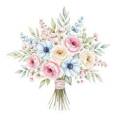 Elegant Watercolor Floral Bouquet with Pink Roses Blue Anemones and Green Foliage.