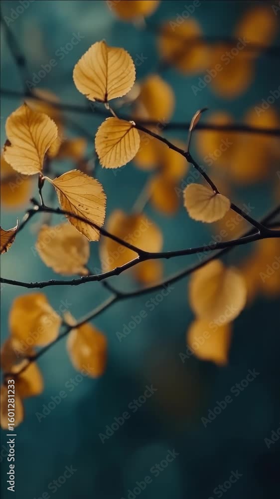 Aufkleber close-up of golden autumn leaves on a branch with blurred background and bokeh effect.