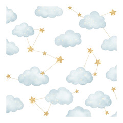 Whimsical celestial pattern of soft blue clouds and golden glitter star constellations.