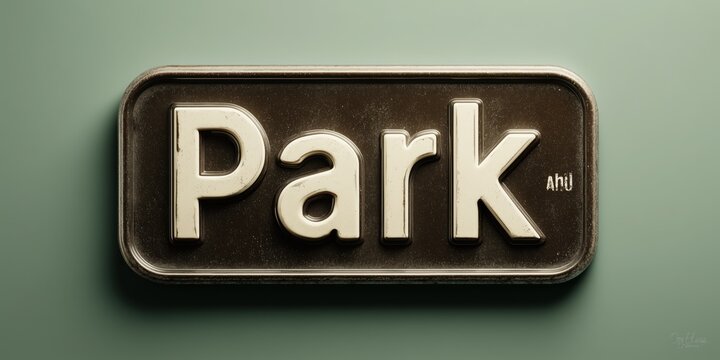 Old-fashioned metal “Park” sign with embossed letters, mounted on muted green background

