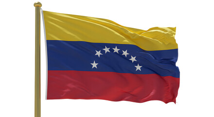 Vibrant Venezuelan flag waving under sunlight, symbolizing national pride and identity against a clear blue sky