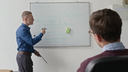 Medium full shot of male team lead writing on whiteboard presenting weekly work plan to colleagues in conference room at office