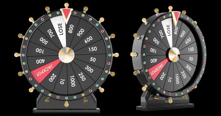 Spinning prize wheels, rotation animation, seamlessly loopable. 3D rendering isolated on transparent background