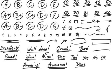 Grade results big pack, black marker or pencil grade mark, exam and test result hand drawn vector set, teacher notes