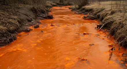 Polluted River Runs Through A Forest Area, Unnatural River With Orange Water Running Through Dry Woodland