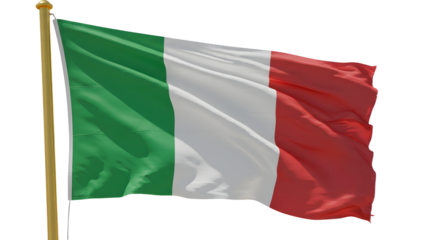 Waving Italian flag against a clear blue sky, symbolizing national pride and identity, perfect for cultural themes