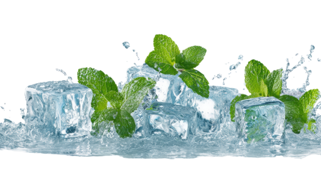 Refreshing Ice Cubes and Mint Leaves with Water Splash on Transparent Background Design