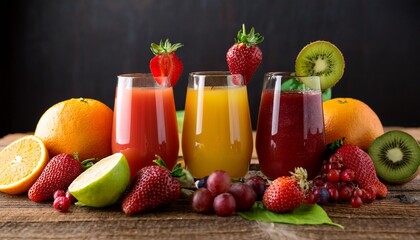 refreshing fruit juices in glasses surrounded by fresh strawberries raspberries grapes oranges and apples on a wooden table
