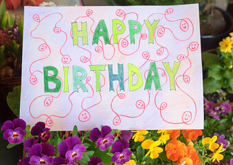 paper with colored pencil drawing with the inscription happy birthday, inmidst viola flowers