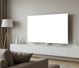 Tv Mockup On A Long Shelf In A Family Room With Beige Couch And Lamp